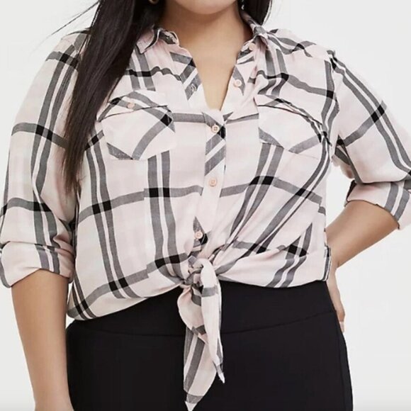 TORRID 1 Plus Size Taylor Plaid Tie Front Slim Fit Twill Shirt Baby Pink Flannel - Picture 1 of 13